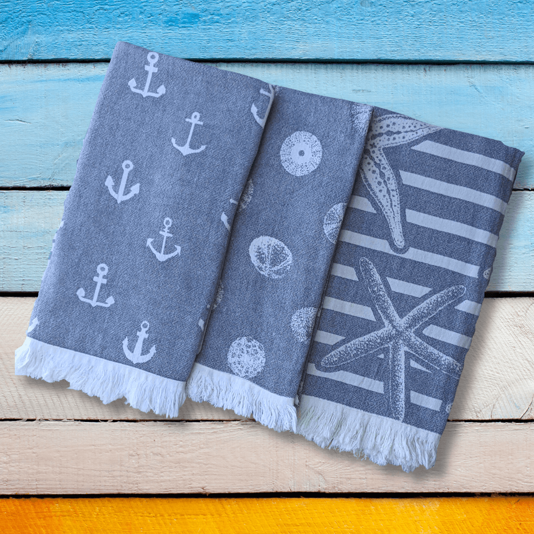 Turkish Towel Set of 3 with marine designs anchor, starfish and sea urchin 