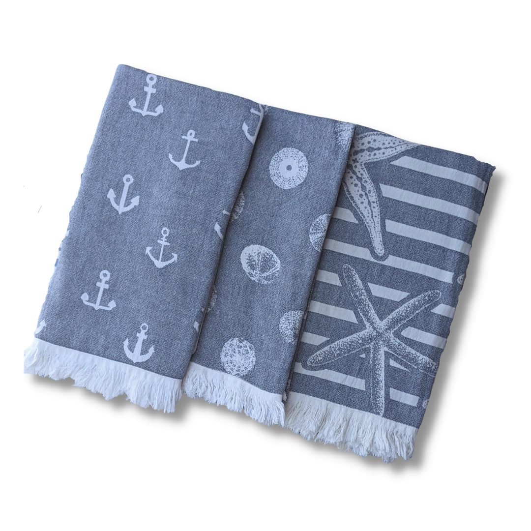 Turkish Towel Set of 3 with marine designs anchor, starfish and sea urchin