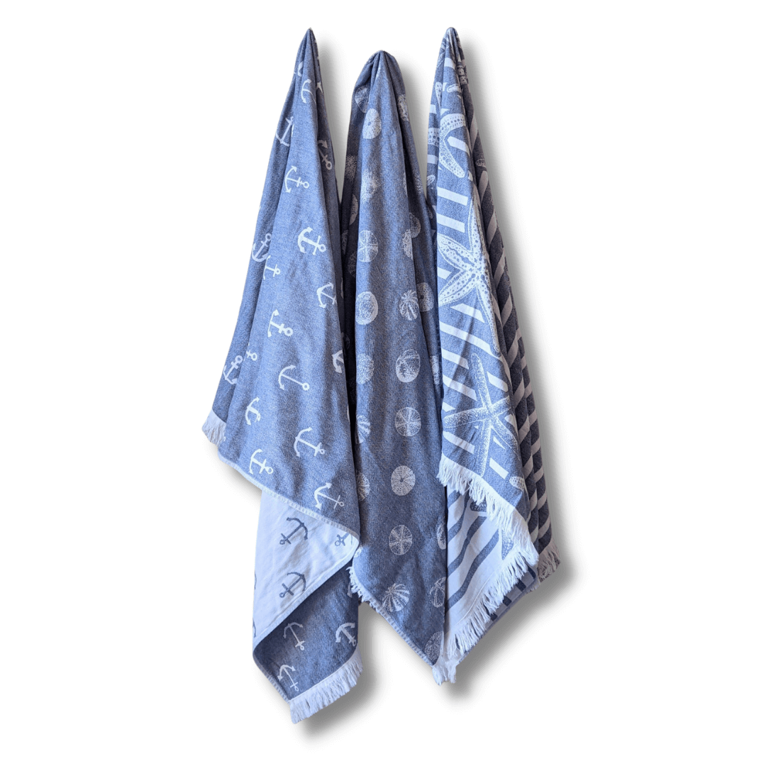 Turkish Towel Set of 3 with marine designs anchor, starfish and sea urchin