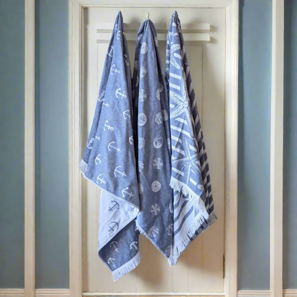 Turkish Towel Set of 3 with marine designs anchor, starfish and sea urchin