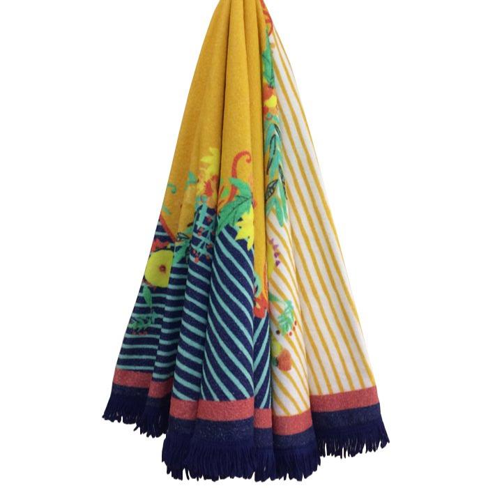 Round Towel 320gsm, Stripe Flowers, Navy & Yellow with Fringes