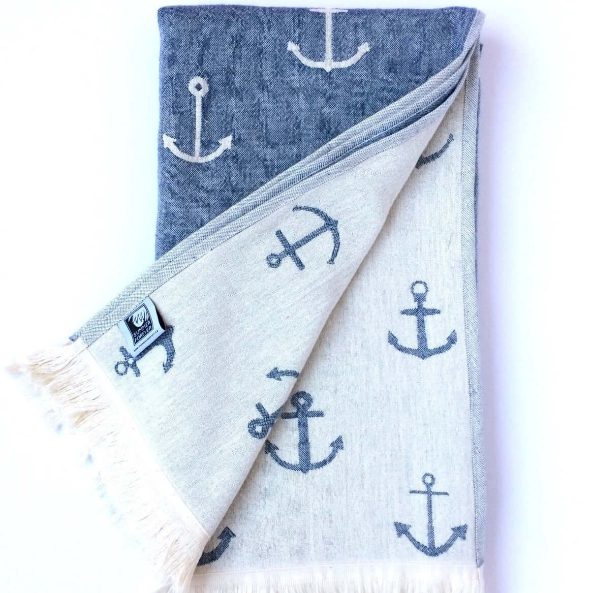 Turkish Towel, Anchor Designs, Navy, Reversible, for Travel Beach Bath Pool, absorbent, durable 