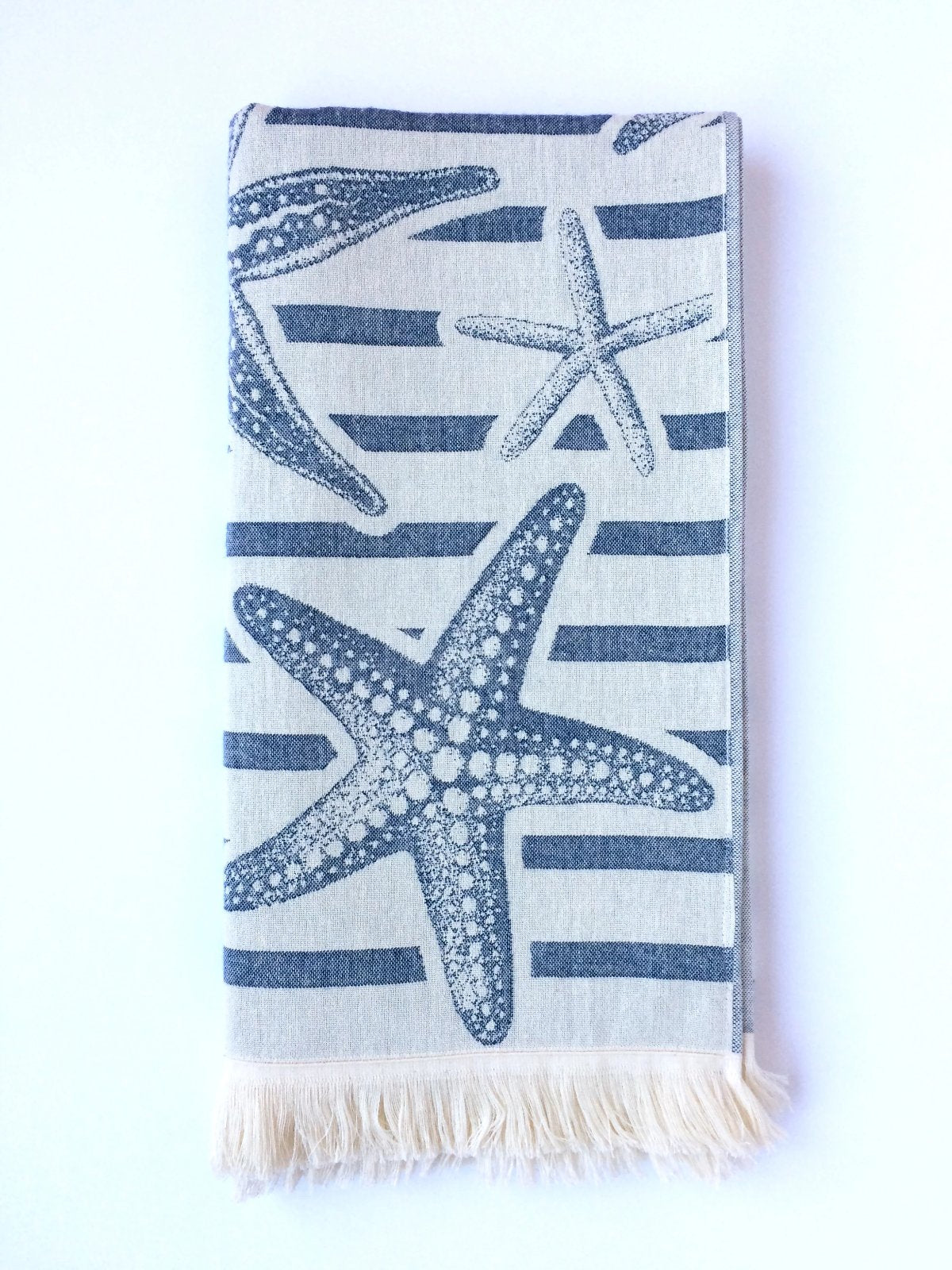 Turkish Towel with Starfish Design, Navy, Double Sided, for Beach Bath, absorbent durable 